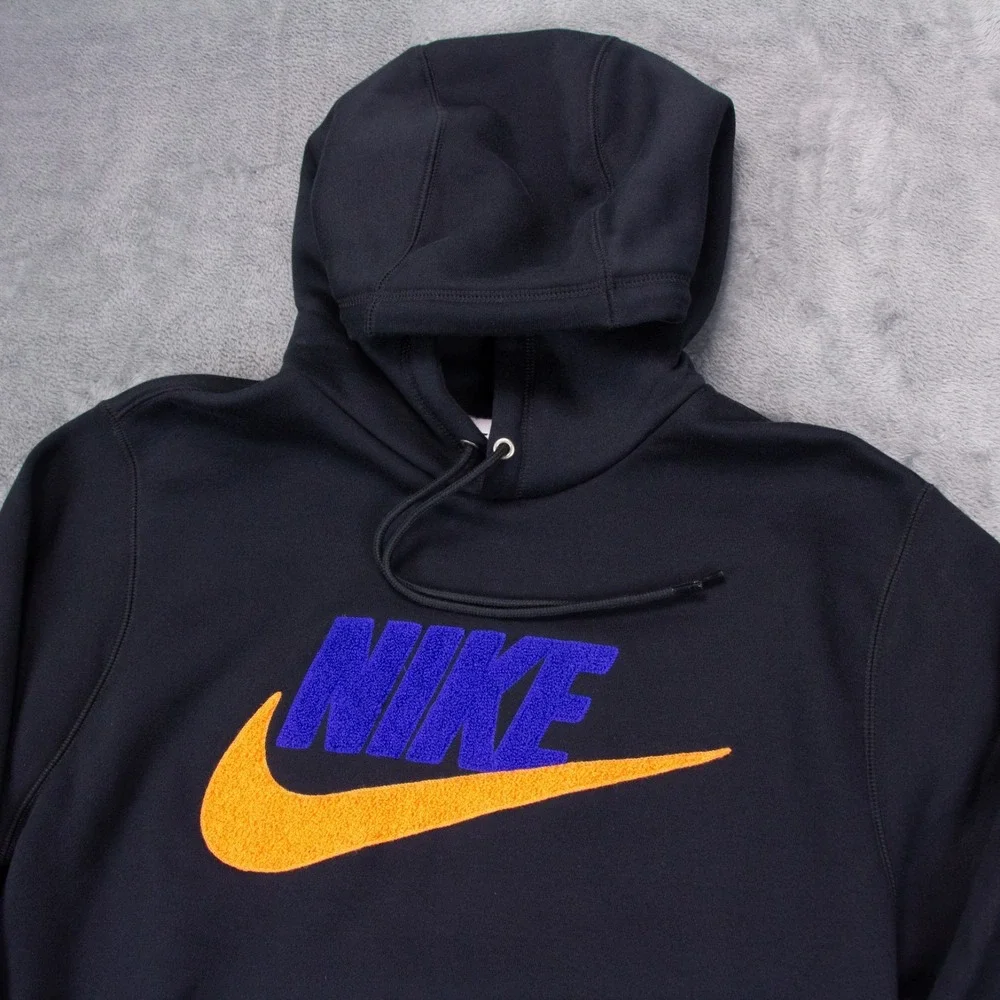 Nike Mens S Club Fleece Black Brushed Back Chenille Futura Swoosh Hoodie NEW $85